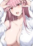  1girl blunt_bangs blush breasts cleavage commentary english_commentary highres hololive hololive_english large_breasts looking_at_viewer mori_calliope naked_shirt open_mouth pink_hair red_eyes sak1_01 shirt sidelocks solo teeth upper_teeth_only virtual_youtuber white_background white_shirt 