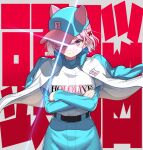  1girl animal_ears closed_mouth crossed_arms fox_ears fox_girl hakui_koyori hat_over_one_eye hololive jersey pants pettan_p pink_eyes pink_hair smile solo sparkle standing translated virtual_youtuber 