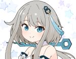  1girl bare_shoulders blue_eyes closed_mouth commentary_request genshin_impact grey_hair guizhong_(genshin_impact) long_hair looking_at_viewer mitya sidelocks simple_background smile solo starry_background twitter_username upper_body white_background 