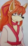 accessory annoyed anthro asian_clothing bangs bow_ribbon breasts canid canine ceroba_(undertale_yellow) clothing east_asian_clothing eye_bags eyelashes female fox frown furrowed_brow hair hair_accessory hair_bow hair_ribbon hi_res japanese_clothing kimono looking_at_viewer makuchino mammal ponytail prick_ears red_hair ribbons sad side_bangs snout solo undertale_(series) undertale_yellow