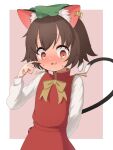  1girl absurdres animal_ear_fluff animal_ear_piercing animal_ears arm_behind_back asakura_haru bandaid bandaid_on_hand blush bow bowtie box brown_eyes brown_hair cat_ears cat_tail chen commentary_request cowboy_shot earrings flat_chest flustered full-face_blush green_headwear hand_up hat heart heart_tail highres holding holding_box jewelry long_sleeves looking_down mob_cap multiple_tails nekomata nervous parted_lips petite puffy_long_sleeves puffy_sleeves purple_background red_skirt red_vest short_hair simple_background single_earring skirt skirt_set smle solo sweat tail touhou two_tails valentine vest yellow_bow yellow_bowtie 