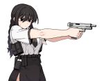  1girl black_eyes black_hair black_necktie formicid gun handgun name_tag necktie office_lady original ponytail skirt solo sweat weapon white_background 