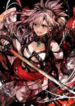  1girl absurdres breasts cleavage fate/samurai_remnant fate_(series) grey_eyes grey_hair highres holding holding_sword holding_weapon japanese_clothes jewelry katana kimono long_hair long_sleeves medium_breasts miyamoto_musashi_(fate) necklace open_mouth rioka_(southern_blue_sky) smile solo sword torn_clothes weapon 