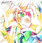  1girl artist_name blush cardigan collared_shirt colorful fingernails hands_up hatching_(texture) heart heart_hands highres long_sleeves looking_at_viewer necktie one_eye_covered original parted_lips school_uniform shirt signature solo upper_body watanabe_tomari watermark 