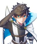  1boy belt black_gloves black_hair blue_eyes brown_belt cape charlemagne_(fate) chest_belt fate/extella fate/extella_link fate/extra fate_(series) gloves hair_between_eyes hand_over_face highres male_focus multicolored_hair parted_lips shadow short_hair simple_background solo streaked_hair two-sided_cape two-sided_fabric two-tone_hair upper_body user_stsj7287 white_background white_cape white_hair 