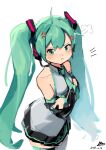  1girl ahoge anger_vein aqua_eyes aqua_hair aqua_necktie black_sleeves crossed_arms dated detached_sleeves hatsune_miku headphones headset highres lanter_qwq long_hair looking_at_viewer necktie pout signature sketch skirt solo thighhighs twintails very_long_hair vocaloid white_background 