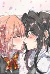  2girls asanagi_yori black_hair black_sweater_vest black_vest blush bow bowtie braid closed_eyes collared_shirt dress_shirt english_commentary falling_petals hair_between_eyes hair_intakes highres imminent_kiss kino_himari medium_hair multiple_girls orange_hair parted_lips petals red_bow red_bowtie sasayaku_you_ni_koi_wo_utau school_uniform shirt short_hair sidelocks striped_bow striped_bowtie striped_clothes sweater_vest upper_body vest white_shirt wide-eyed yoruneko_(liampadolina) yuri 