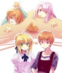  1boy 3girls ahoge apron artoria_pendragon_(fate) black_apron blonde_hair blue_ribbon blush closed_mouth collared_shirt emiya-san_chi_no_kyou_no_gohan emiya_shirou fate/stay_night fate_(series) food food_in_mouth fruit fujimura_taiga green_eyes hair_ribbon head_rest highres holding holding_food illyasviel_von_einzbern juliet_sleeves long_sleeves multiple_girls neck_ribbon nyaa_(nnekoron) orange_(fruit) orange_eyes orange_hair orange_slice parted_lips pink_hair puffy_sleeves red_eyes ribbon saber_(fate) shirt short_hair simple_background smile table upper_body white_shirt 