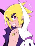  1boy akutare_(disgaea) blonde_hair coat demon_boy disgaea highres himawari_(kawaisounaedesu) jewelry looking_at_viewer makai_senki_disgaea_4 male_focus necklace pointy_ears purple_eyes smile teeth white_coat 