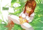  antennae blush breasts brown_hair crotchless_pants fangs flower large_breasts leaf long_hair looking_up maruku nipples open_mouth orange_eyes original personification petals plant_girl pussy pussy_juice pussy_juice_puddle sitting solo spread_legs spread_pussy stamen text_focus uncensored yellow_eyes 