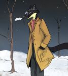 anthro black_body black_fur black_nose black_tail bottomwear cheek_tuft clothing coat cold dead_tree eyewear facial_tuft fur glasses gulonine hand_in_pocket hi_res illegaleel inner_ear_fluff jack_salem long_coat long_tail looking_forward male mammal marten multicolored_body multicolored_fur mustelid musteline night open_mouth outside pants pince-nez plant pockets sable_(marten) snow solo standing steamy_breath sweater tail topwear tree trenchcoat tuft two_tone_body two_tone_fur waiting whiskers white_body white_fur winter
