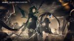  2girls black_hair black_rock_shooter black_rock_shooter_(character) black_theme blue_eyes breasts character_name copyright_name crossover dead_master flaming_eye green_eyes green_hair highres holding holding_scythe holding_sword holding_weapon logo long_hair multiple_girls official_art punishing:_gray_raven scythe second-party_source shorts sword weapon 