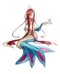 1girl absurdres bug butterfly choker closed_mouth facial_mark forehead_mark full_body hand_up highres long_hair long_sleeves lumeru_33 mermaid milotic monster_girl personification pokemon red_choker red_hair simple_background sitting sketch solo very_long_hair white_background 