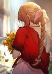  1girl aerith_gainsborough blurry blurry_background bouquet braid braided_ponytail brown_hair church cropped_jacket dress facing_away falling_petals final_fantasy final_fantasy_vii final_fantasy_vii_rebirth final_fantasy_vii_remake flower hair_ribbon highres holding holding_bouquet indoors jacket jacket_partially_removed lily_(flower) long_hair petals pink_dress pink_ribbon red_jacket ribbon sera_(serappi) short_sleeves sidelocks single_bare_shoulder single_braid solo upper_body yellow_flower 