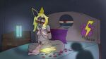 anthro bdsm bedroom bell bell_collar bondage bound breasts canid canine canis collar crossed_legs eeveelution electricity exposed_breasts eyewear female gag generation_1_pokemon glasses hands_behind_back harem_outfit hi_res holidays hybrid jolteon kyn_skyther kynmedia lamp lava_lamp looking_at_another mammal mane muzzle_gag nintendo petals petplay pokemon pokemon_(species) roleplay rose_petals shadowy_figure side_boob solo under_boob valentine&#039;s_day wolf