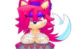 anthro asami_the_cat big_breasts breasts cookie ear_piercing fan_character felid feline female food fur hair hi_res holding_object holidays humanoid long_hair mammal piercing red_body red_eyes red_fur red_hair redeye_samurai_(artist) sega simple_background smile solo sonic_the_hedgehog_(series) tail tan_body tan_skin valentine&#039;s_day