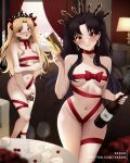  2girls artist_name bed black_hair blonde_hair blurry blurry_foreground blush bottle box box_of_chocolates breasts candle chair cookie cup curtains cushion depth_of_field desk_lamp drinking_glass earrings embarrassed ereshkigal_(fate) fate/grand_order fate_(series) food hair_ribbon highres holding hoop_earrings indoors ishtar_(fate) jewelry lamp long_hair looking_at_viewer looking_to_the_side medium_breasts multiple_girls naked_ribbon navel parted_bangs parted_lips petals red_eyes ribbon rose_petals tiara twitter_username two_side_up valentine vase very_long_hair watermark wine_bottle wine_glass xkzan 