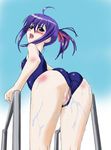  ahoge ass bent_over blush censored flat_chest green_eyes looking_back lowres mahou_sensei_negima! miyazaki_nodoka okiyumi_kase one-piece_swimsuit open_mouth ponytail purple_hair pussy school_swimsuit swimsuit swimsuit_aside wet 