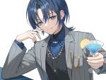  1girl black_nails black_sweater blue_eyes blue_hair blue_shirt chain_necklace closed_mouth cocktail collared_shirt drink food fruit grey_jacket grey_suit hiodoshi_ao holding holding_drink hololive hololive_dev_is jacket jewelry lemon lemon_slice looking_at_viewer mole mole_under_mouth n2_00345 nail_polish necklace pinstripe_jacket pinstripe_pattern reverse_trap shirt short_hair simple_background solo striped_clothes striped_jacket striped_suit suit sweater tomboy upper_body v-neck vertical-striped_clothes vertical-striped_jacket virtual_youtuber white_background 