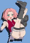  ass bike_shorts blush boots censored green_eyes haruno_sakura lowres mosaic_censoring naruto naruto_(series) okiyumi_kase panties panty_pull pink_hair pussy short_hair solo spandex underwear 