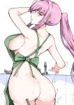  1girl absurdres apron arm_up ass blunt_bangs breasts green_apron highres hololive hololive_english large_breasts long_hair looking_at_viewer mori_calliope naked_apron pink_hair poking_ass ponytail red_eyes sak1_01 sideboob sidelocks sink solo virtual_youtuber 