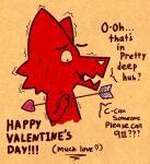 &lt;3 ambiguous_gender anthro arrow_(weapon) bodily_fluids canid canine canis cardboard comic_panel deedoss dialogue fox gesture hi_res holidays humor mammal nervous pointing ranged_weapon redd_(deedoss) simple_background simple_eyes simple_face solo sweat sweatdrop text valentine&#039;s_day valentine&#039;s_day_card weapon wolf worried