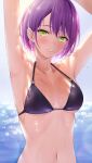  1girl absurdres armpits bikini black_bikini blush breasts cleavage colored_inner_hair ear_piercing gradient_hair green_eyes hair_between_eyes highres hololive looking_at_viewer multicolored_hair navel piercing pink_hair purple_hair shinigami_kiraki short_hair smile solo swimsuit tokoyami_towa virtual_youtuber 