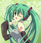  breasts covered_nipples cum cum_on_hair detached_sleeves facial green_eyes green_hair hatsune_miku headset long_hair one_eye_closed small_breasts solo suzui_narumi twintails vocaloid 