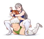  2girls abs alternate_muscle_size blue_eyes brown_hair closed_eyes crying frieren frown grabbing_another&#039;s_hair grey_hair hanzo_(2929) kanne_(sousou_no_frieren) lawine_(sousou_no_frieren) long_hair multiple_girls muscular muscular_female sitting sitting_on_person sousou_no_frieren tank_top tears thighhighs white_background wrestling wrestling_outfit wristband yuri 