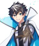  1boy belt black_gloves black_hair black_trim blue_eyes brown_belt cape charlemagne_(fate) fate/extella fate/extella_link fate/extra fate_(series) gloves hair_between_eyes high_collar highres looking_at_viewer male_focus multicolored_hair outstretched_hand short_hair simple_background smile solo streaked_hair two-sided_cape two-sided_fabric two-tone_hair upper_body user_stsj7287 white_background white_cape white_hair 