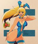  1girl alternate_costume animal_ears ass blonde_hair blue_lips blue_nails bow bowtie breasts commentary cresscin detached_collar english_commentary eyeshadow hand_on_own_ass hand_up lips long_hair makeup metroid metroid_(creature) midriff mole mole_under_mouth nail pinup_(style) playboy_bunny ponytail rabbit_ears rabbit_tail samus_aran sidelocks signature simple_background solo swept_bangs tail thick_thighs thighhighs thighs very_long_hair watermark wide_hips wrist_cuffs 