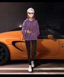  1girl absurdres black_pants car cellphone closed_mouth commentary commentary_request hair_between_eyes hand_in_pocket hat highres holding holding_phone hood hood_down hoodie looking_at_viewer lotus_(brand) lotus_elise love_live! love_live!_superstar!! motor_vehicle night orange_hair outdoors pants phone purple_eyes purple_hoodie s_sho_mkrn shadow shibuya_kanon shoes smartphone solo white_footwear white_headwear 