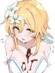  1girl bare_shoulders blonde_hair blush breasts chocolate chocolate_on_body chocolate_on_breasts cleavage collarbone commentary_request dress flower flying_sweatdrops food_on_body genshin_impact hair_between_eyes hair_flower hair_ornament highres large_breasts looking_at_viewer lumine_(genshin_impact) open_mouth short_hair short_hair_with_long_locks simple_background solo ukitaryu upper_body white_background white_dress white_flower yellow_eyes 