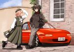  2girls absurdres adjusting_clothes adjusting_headwear asanagi_yori ascot bag beret black_footwear brown_jacket car commentary day grey_eyes grey_pants grey_skirt grey_vest hair_between_eyes half_updo handbag hands_in_pockets hat highres jacket kino_himari long_sleeves looking_at_another mooninkyuu motor_vehicle multiple_girls open_mouth orange_eyes orange_hair outdoors pants red_sweater sasayaku_you_ni_koi_wo_utau shirt sidelocks skirt smile sweater vehicle_request vest white_ascot white_shirt wolf_cut 