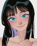 1girl black_hair blue_eyes blue_nails blunt_bangs close-up english_commentary looking_at_viewer medium_hair nabi_love_8 nico_robin one_piece simple_background smile solo white_background 