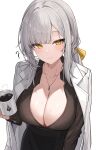  1girl ? absurdres black_skirt black_survival breasts brown_shirt cleavage closed_mouth coat coat_on_shoulders coffee_mug collarbone collared_shirt cup dasi_(kwts3227) dr._nadja eternal_return:_black_survival hair_ribbon highres holding holding_cup jewelry large_breasts leaning_forward long_hair long_sleeves looking_at_viewer low_ponytail mug necklace pencil_skirt ribbon shirt shirt_tucked_in sidelocks simple_background skirt smile solo standing sweat white_background white_coat white_hair yellow_eyes 