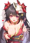  1girl areola_slip bare_shoulders bell black_hair breasts butterfly-shaped_pupils cleavage clothes_pull collarbone fish flower_tattoo fox_mask goldfish hair_ornament heart highres honkai:_star_rail honkai_(series) leaning_forward long_hair looking_at_viewer mask mask_on_head medium_breasts neck_bell obi pink_eyes red_nails royboy sash shirt_pull smug solo sparkle_(honkai:_star_rail) spoken_heart symbol-shaped_pupils tattoo twintails 