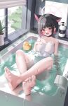  1girl absurdres animal_ears bathing bathtub black_choker black_hair blue_archive breasts cat_ears choker collarbone colored_inner_hair extra_ears hair_ornament hairclip halo highres indoors j.j_(66752902) kazusa_(blue_archive) large_breasts multicolored_hair naked_towel pink_hair pink_halo plant potted_plant red_eyes rubber_duck shampoo_bottle short_hair soles solo toes towel water white_towel window 
