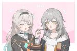  2girls :d :o arms_at_sides black_hairband black_jacket blue_bow blue_hair blush border bow cake chocolate_cake collarbone crossed_bangs facing_another feeding firefly_(honkai:_star_rail) food fork gradient_hair grey_hair hair_between_eyes hair_bow hair_intakes hairband holding holding_fork holding_plate honkai:_star_rail honkai_(series) jacket long_hair long_sleeves looking_at_another multicolored_hair multiple_girls neckerchief notice_lines off-shoulder_jacket off_shoulder open_clothes open_jacket open_mouth orange_neckerchief outside_border pink_background plate sidelocks simple_background smile stelle_(honkai:_star_rail) trailblazer_(honkai:_star_rail) upper_body white_border yellow_eyes younomiti 