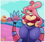 absurd_res anthro avian beach belly big_breasts bird blaziken breasts cleavage clothed clothing detailed_background digital_media_(artwork) duo female fingers generation_3_pokemon generation_4_pokemon hair hi_res kiss_the_carrot malpo_(kiss_the_carrot) milotic mismagius navel nintendo open_mouth outside pink_hair pokemon pokemon_(species) red_body sand sashi_(kiss_the_carrot) seaside shaded sky smile solo swimwear tail tery_(kiss_the_carrot) thick_thighs water