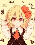  1girl absurdres ahoge ascot blonde_hair chocolate closed_mouth commentary_request food hair_ribbon highres holding holding_chocolate holding_food light_blush long_sleeves looking_at_viewer medium_hair red_ascot red_ribbon ribbon ro.ro rumia smile solo touhou yellow_background yellow_eyes 