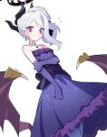  1girl bare_shoulders blue_archive breasts demon_wings elbow_gloves gloves halo highres hina_(blue_archive) hina_(dress)_(blue_archive) long_hair official_alternate_costume purple_eyes sasanoha_(sasanoha0712) small_breasts white_hair wings 