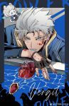  1boy bishounen blood blood_on_face blue_coat blue_eyes censored chibi chibi_inset coat devil_may_cry_(series) devil_may_cry_3 fingerless_gloves gloves hair_slicked_back heart heart_censor highres holding licking licking_hand looking_at_viewer male_focus open_mouth qiezi_guaishou red_coat smile solo tongue tongue_out vergil_(devil_may_cry) water wet white_hair 