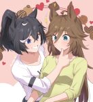  2girls ahoge animal_ears black_hair blue_eyes breasts brown_hair chocolate green_eyes green_shirt hair_between_eyes hair_ornament hairclip highres horse_ears horse_girl horse_tail katsuragi_ace_(umamusume) long_hair long_sleeves mr._c.b._(umamusume) mukakin multicolored_hair multiple_girls open_mouth ponytail shirt smile streaked_hair tail umamusume white_hair white_shirt wiping_face wiping_mouth 