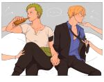  ... 2boys armband bisexual_male black_necktie black_pants blonde_hair blue_shirt bottle bracelet collarbone collared_shirt commentary cropped_arms curly_eyebrows drinking earrings green_hair grey_background hand_on_another&#039;s_arm hand_on_another&#039;s_chin hand_on_another&#039;s_leg haramaki highres holding holding_bottle holding_hands holding_tie iqracha jewelry light_smile long_bangs looking_at_another looking_to_the_side male_focus multiple_boys musical_note nail_polish necktie one_piece pants roronoa_zoro sanji_(one_piece) shirt short_hair simple_background single_earring sitting spoken_ellipsis striped_clothes turning_head v-shaped_eyebrows white_shirt wine_bottle 