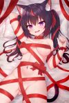  1girl :d absurdres animal_ear_fluff animal_ears bed black_hair blush bow breasts cat_ears cat_girl cat_tail commentary_request fang highres kazuneko-chan kazuneko_(wktk1024) large_breasts long_hair lying multicolored_hair naked_ribbon navel on_back on_bed open_mouth original pillow purple_eyes red_bow red_hair red_ribbon ribbon skin_fang smile solo streaked_hair tail 