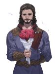  1boy arm_behind_back artist_name baldur&#039;s_gate baldur&#039;s_gate_3 beard black_eyes black_hair blue_robe bouquet byuub commentary cowboy_shot dungeons_and_dragons english_commentary facial_hair facial_mark flower gale_(baldur&#039;s_gate) holding holding_bouquet looking_at_viewer male_focus medium_hair mustache red_flower red_rose robe rose signature simple_background smile solo sparkle standing straight-on white_background 