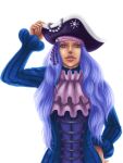  1girl blue_eyes blue_hair hand_on_own_hip hat highres long_hair long_sleeves looking_at_viewer neckerchief noldien one_piece pirate_hat purple_neckerchief simple_background solo striped_clothes vertical-striped_clothes white_background whitey_bay 