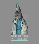 acipenseriformes ambiguous_gender clothed clothed_feral clothing digital_media_(artwork) english_text feral fin fish glassshine grey_background humor marine medical_instrument pixel_(artwork) pun scientific_instrument simple_background solo stethoscope sturgeon text visual_pun