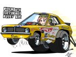  1girl african_rock_python_(kemono_friends) artist_name black_gloves blonde_hair blush car chibi driving engine gloves highres hot_wheels kemono_friends logo looking_ahead motor_vehicle muscle_car parted_lips plymouth_(brand) plymouth_barracuda purple_eyes race_vehicle racecar shadow smile solo sponsor tegran vehicle_focus vehicle_name 